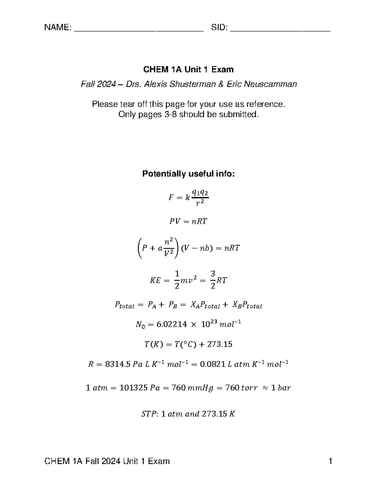 CHEM 1A Practice Midterm Exam Fall 2024 - Studocu