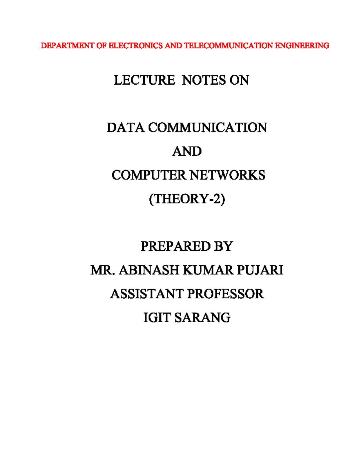 Computer Networks - DEPARTMENT OF ELECTRONICS AND TELECOMMUNICATION ...