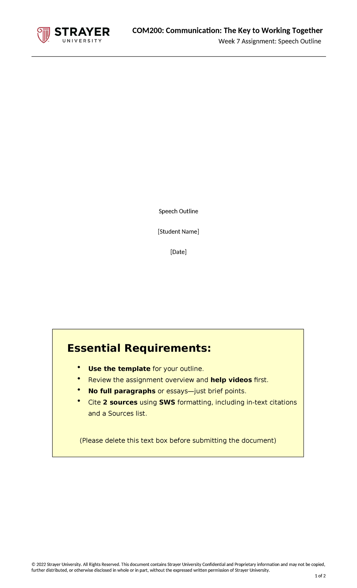 COM200: Week 7 Speech Outline Assignment Template - Studocu
