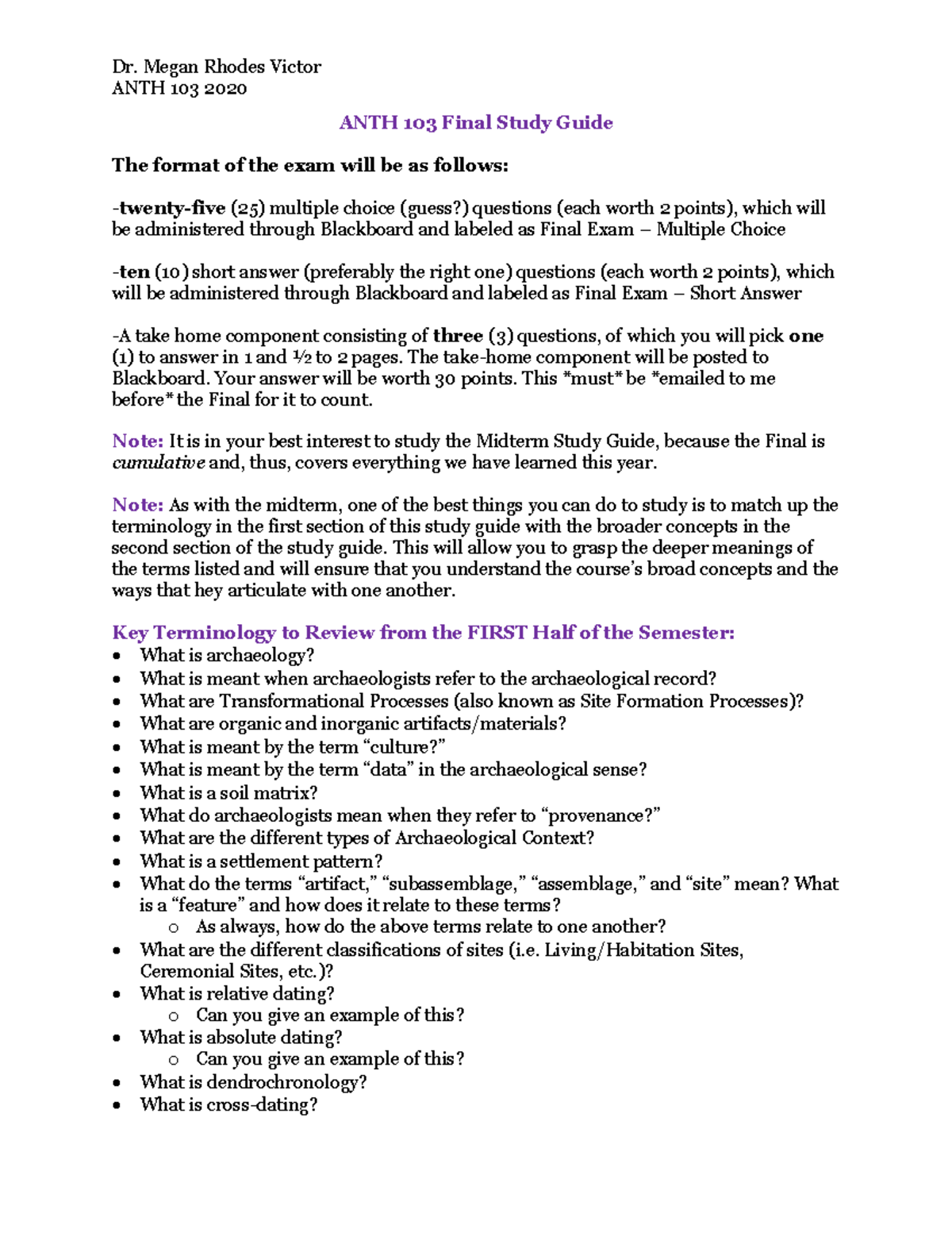 Archeo : Final Study Guide - ANTH 103 2020 ANTH 103 Final Study Guide ...