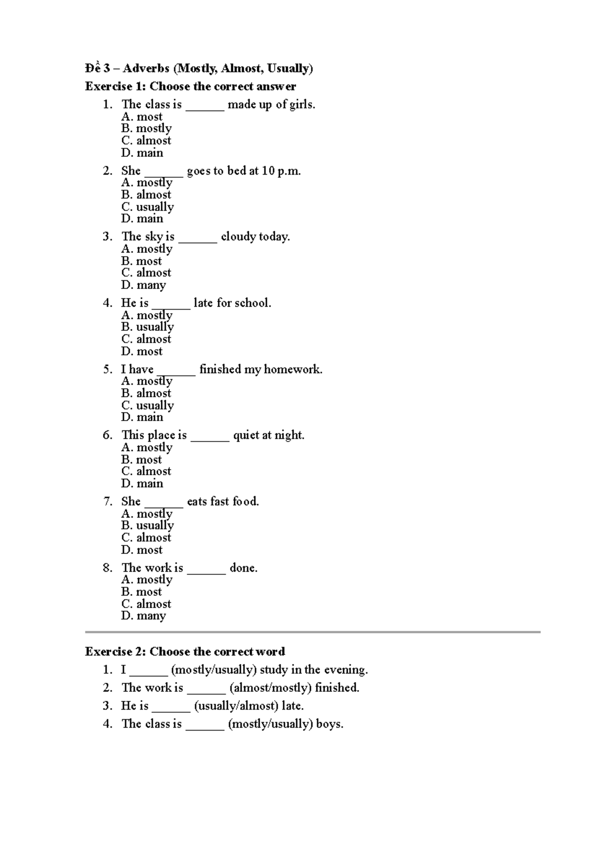Đề 3 - Adverbs Exercise: Mostly, Almost, Usually - Studocu