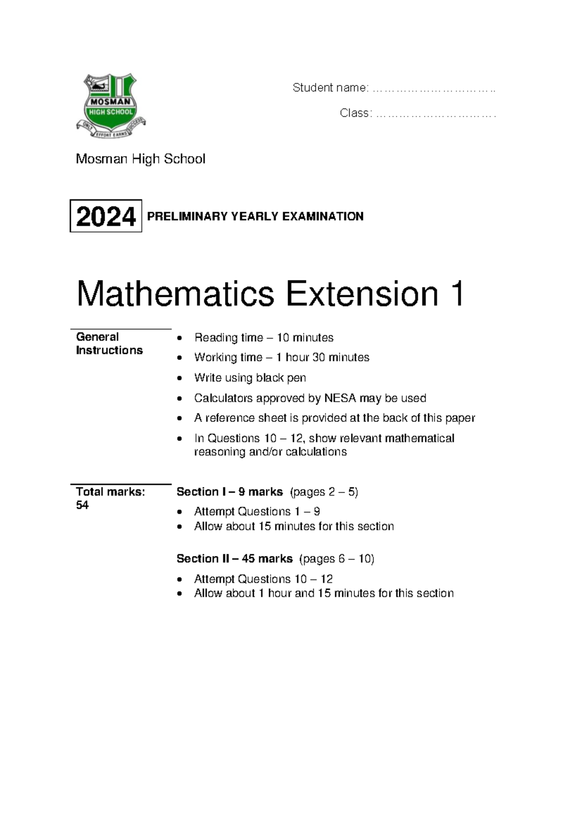 Math Ext Yearly with soltuions - Mosman High School 2024 PRELIMINARY ...