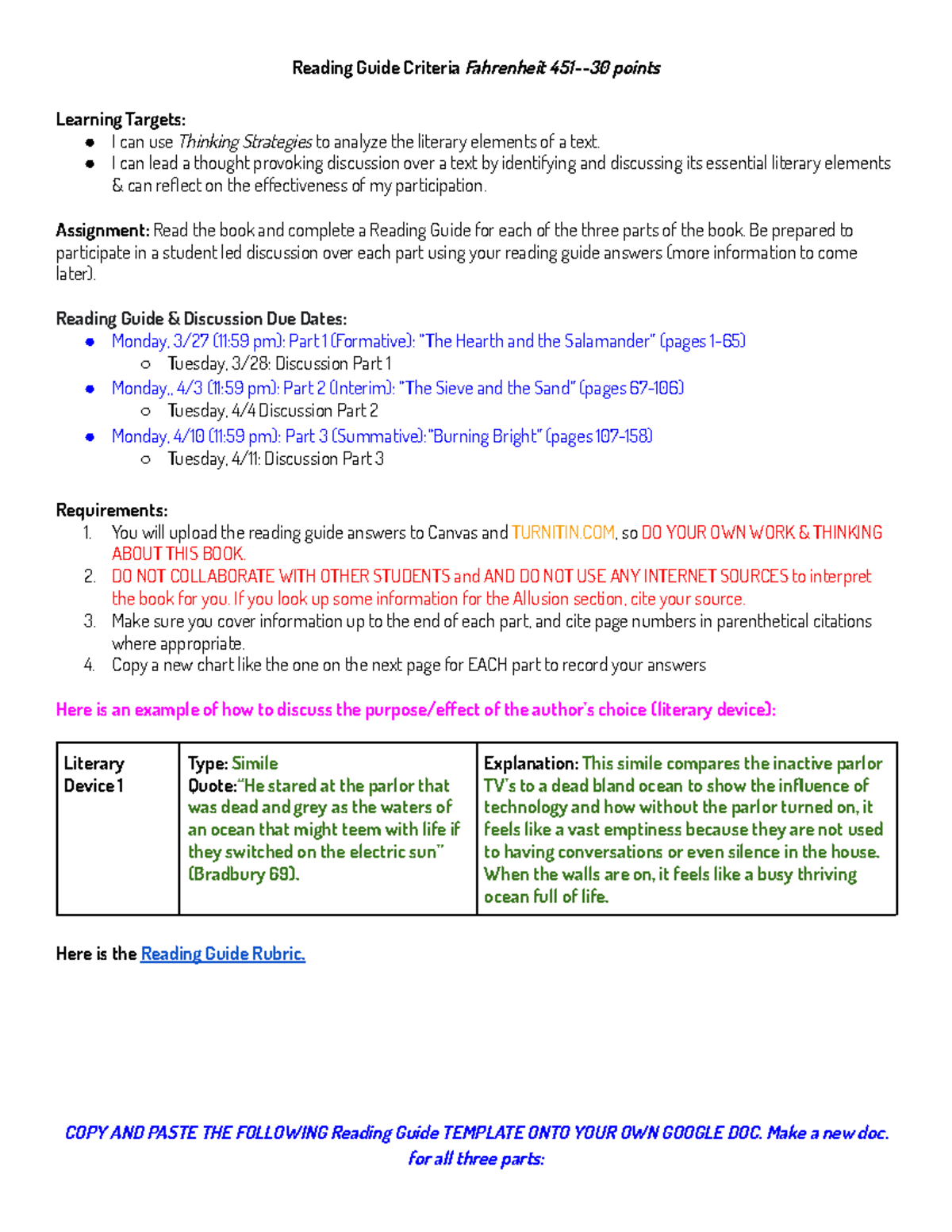 F451 Part 1- Reading Guide Criteria Fahrenheit 451 - Reading Guide ...
