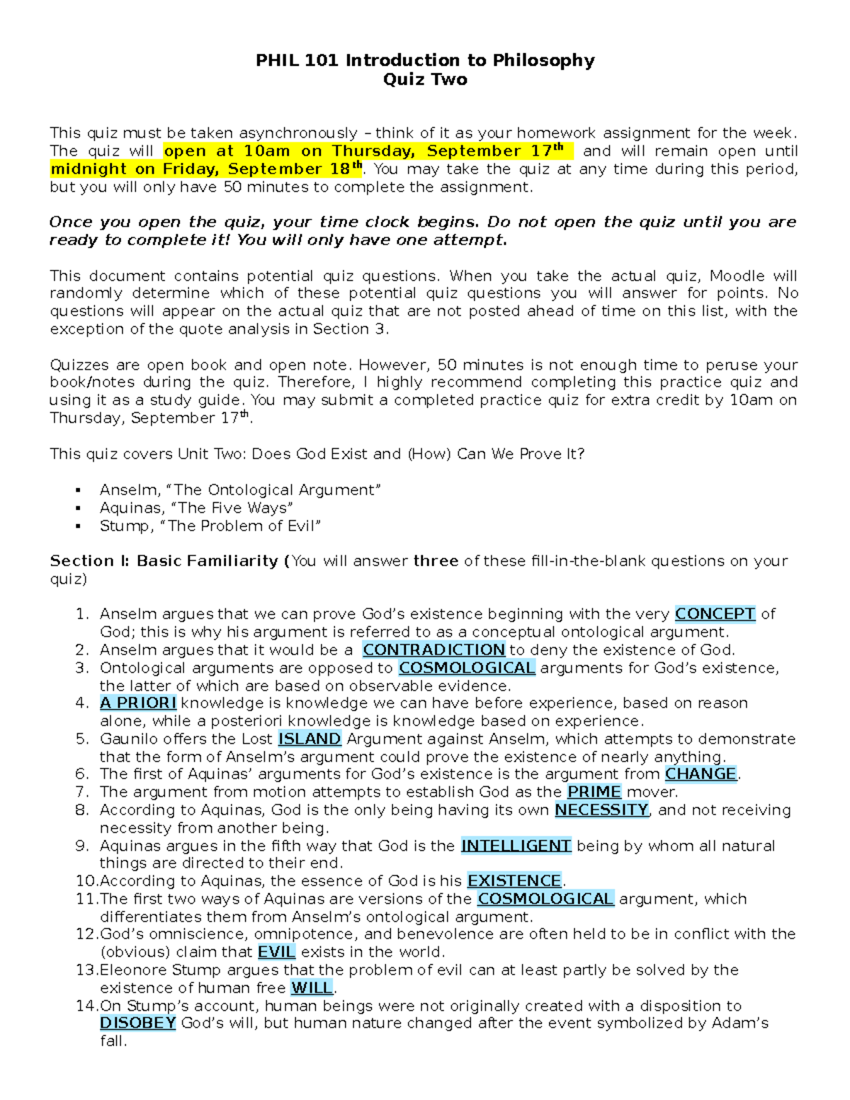 PHIL 101 Quiz Two Study Guide: Key Concepts and Answers - Studocu