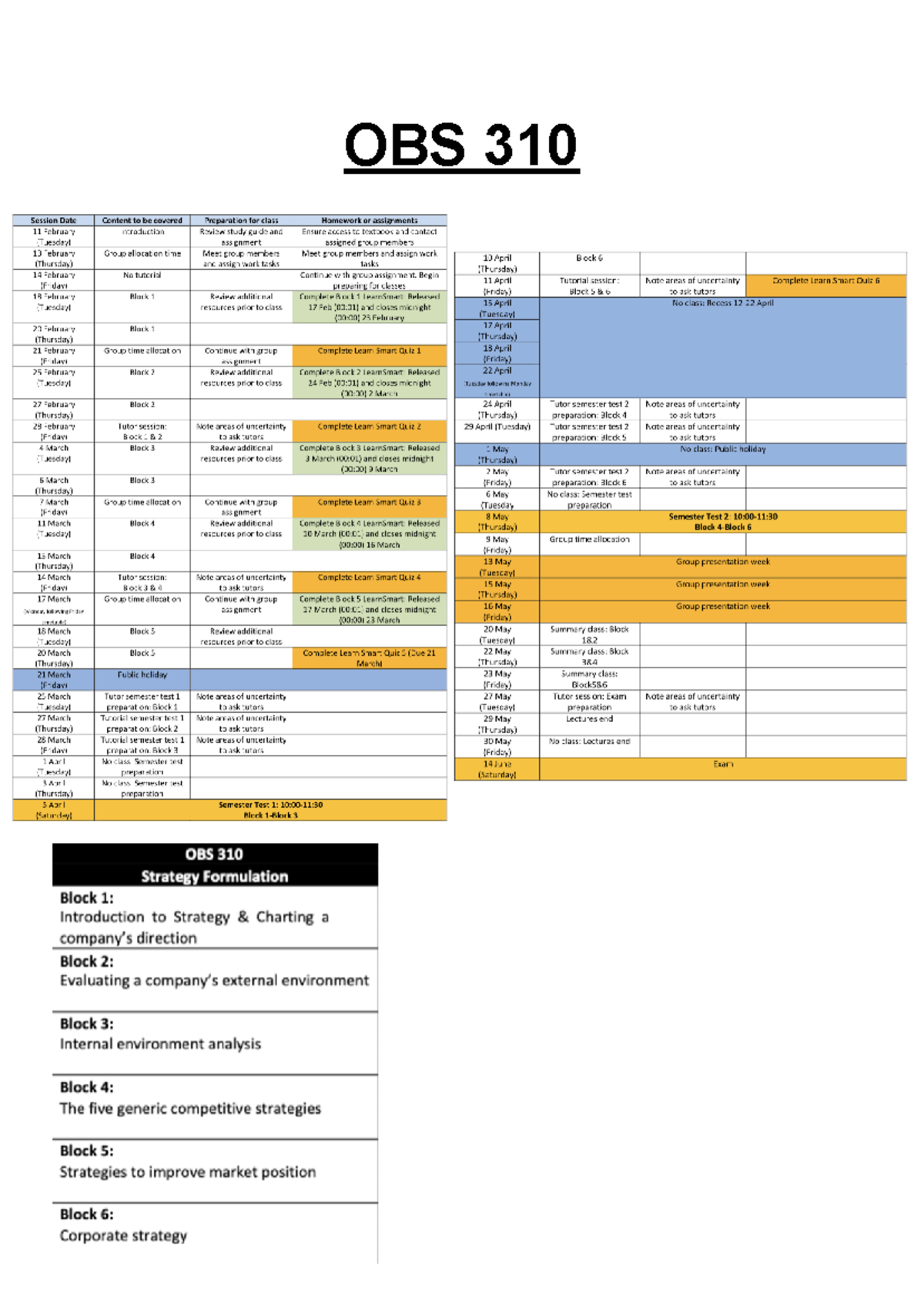 OBS 310 Strategy Formulation: Class Schedule & Preparation Guide - Studocu