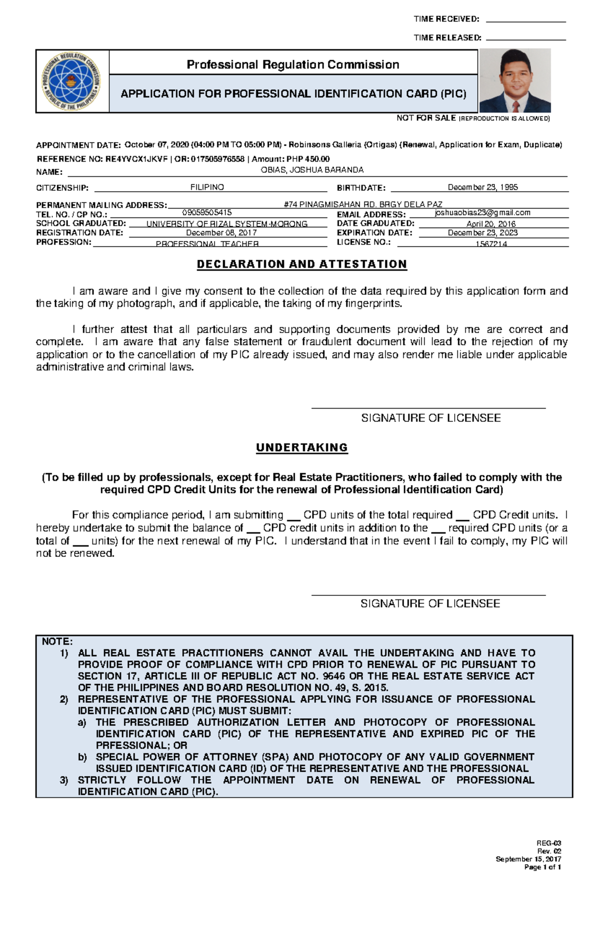Application for PIC Renewal - 2017 (REG-03) - Studocu