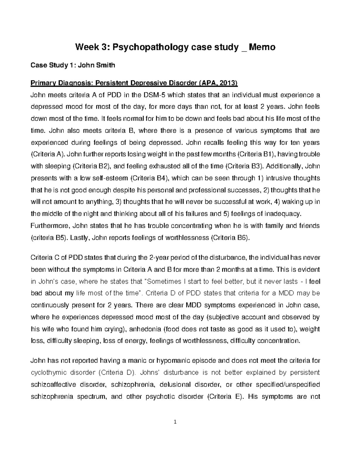 Psychopathology Case Studies Memo: Week 3 Analysis - Studocu