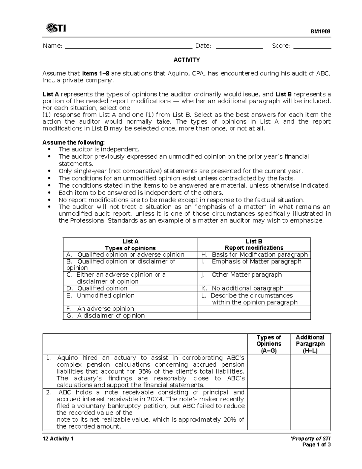 12 Activity 1 - Audit Opinions and Report Modifications Quiz - Studocu