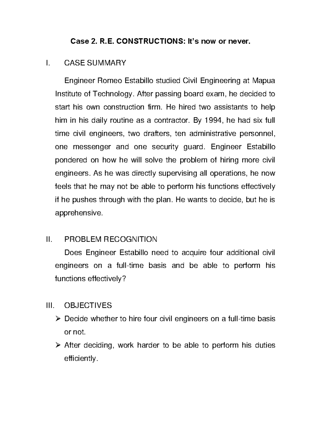 Case Study Analysis: R.E. CONSTRUCTIONS - Hiring Decisions and Strategy ...