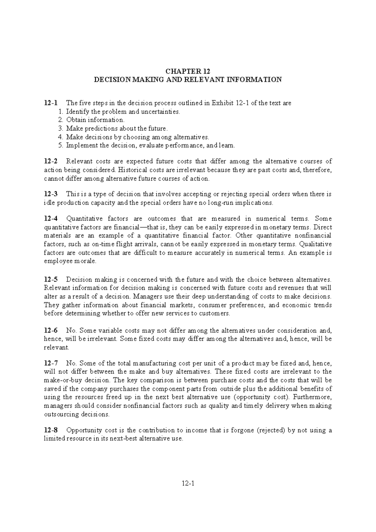 CHAPTER 12 DECISION MAKING & RELEVANT INFORMATION (Cost17E) - Studeersnel