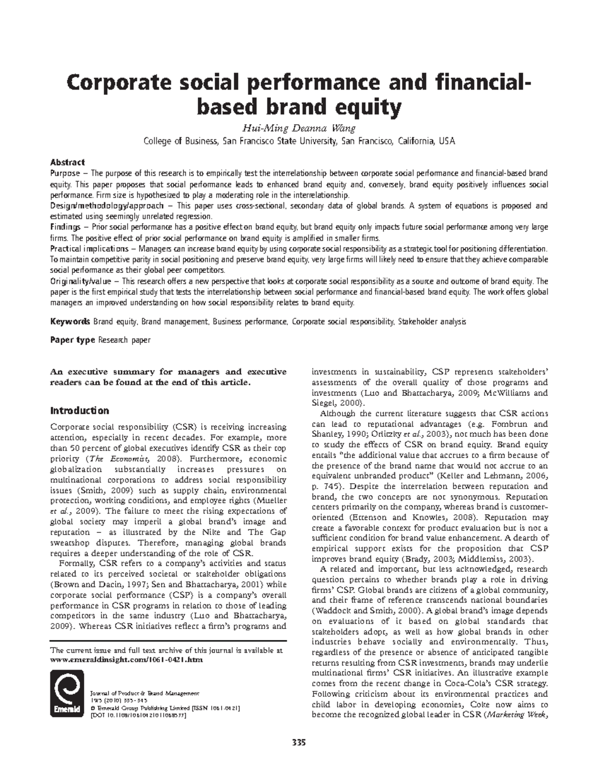 Corporate social performance and financial based brand equity - This ...
