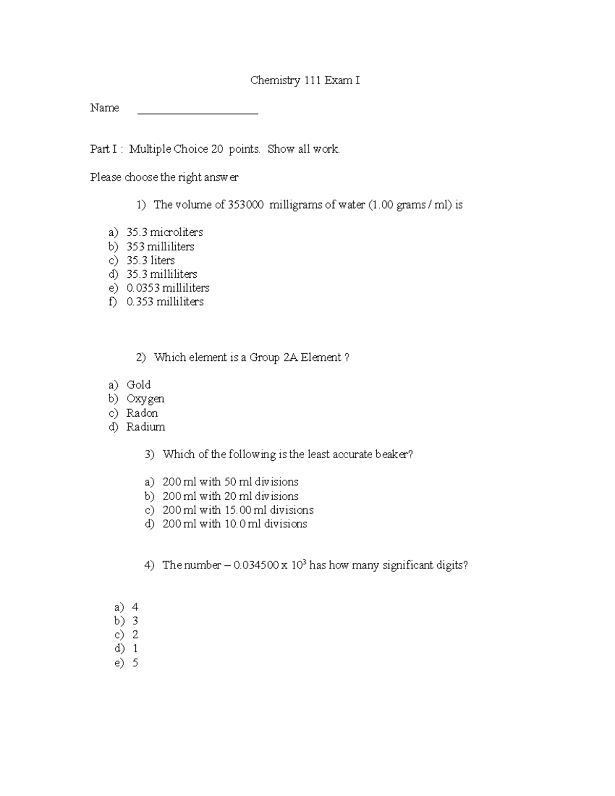 Chemistry 111 Exam I: Multiple Choice & Problem Solving Guide - Studocu
