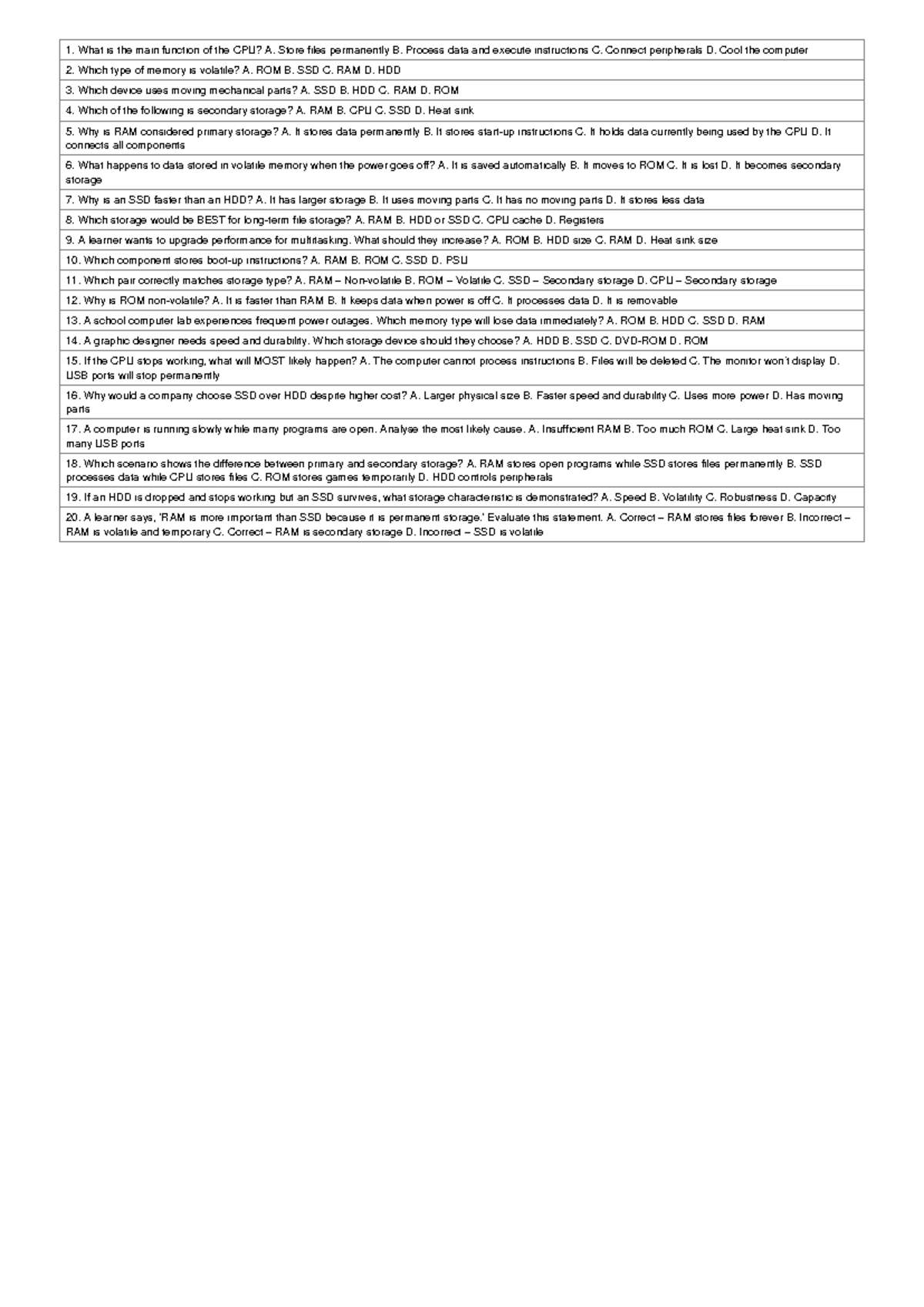 Grade 10 CAT: Kahoot Questions on CPU & Storage Concepts - Studocu