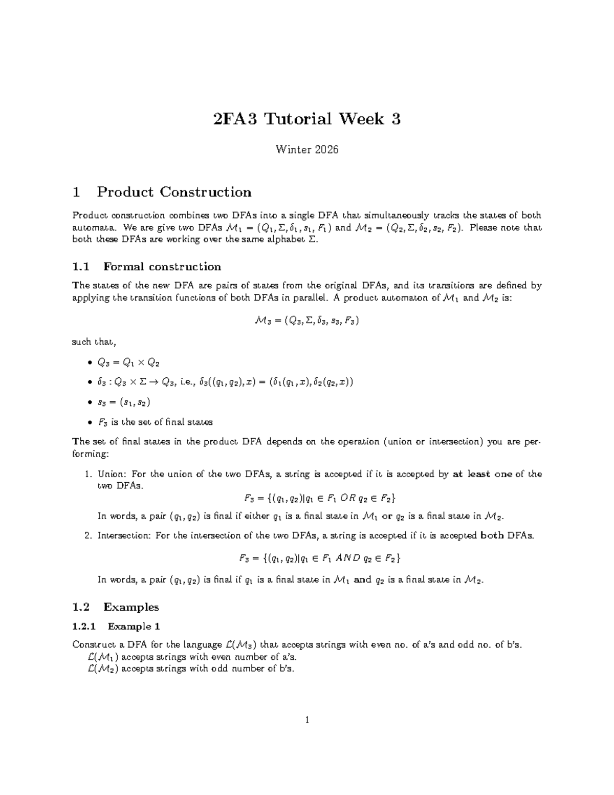 2FA3 Tutorial Week 3: Product Construction of DFAs - Studocu