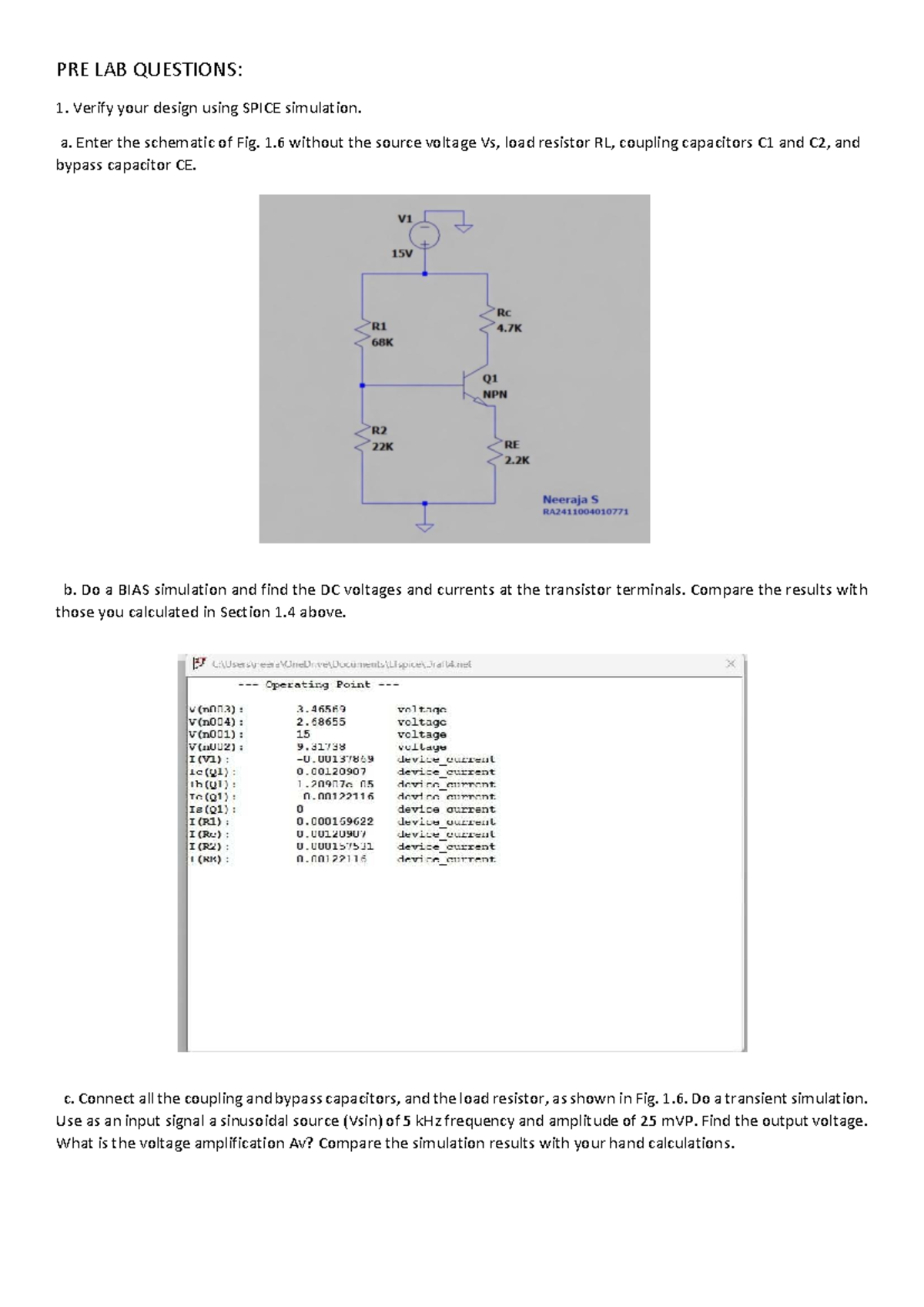 SPICE Simulation Pre Lab & Post Lab Questions for BJT Amplifier - Studocu