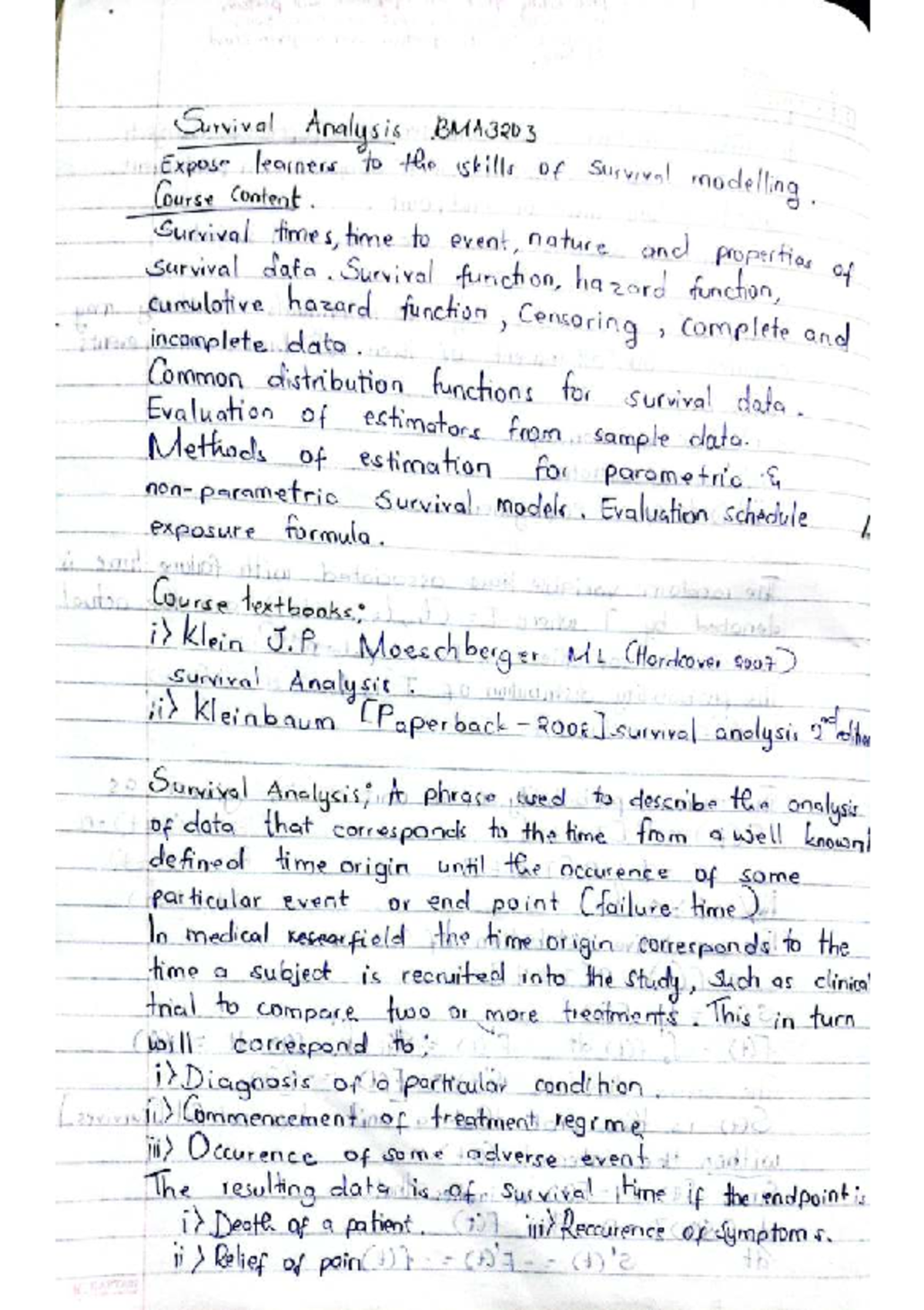 Survival Analysis Notes for BMA3203: Key Concepts and Methods - Studocu
