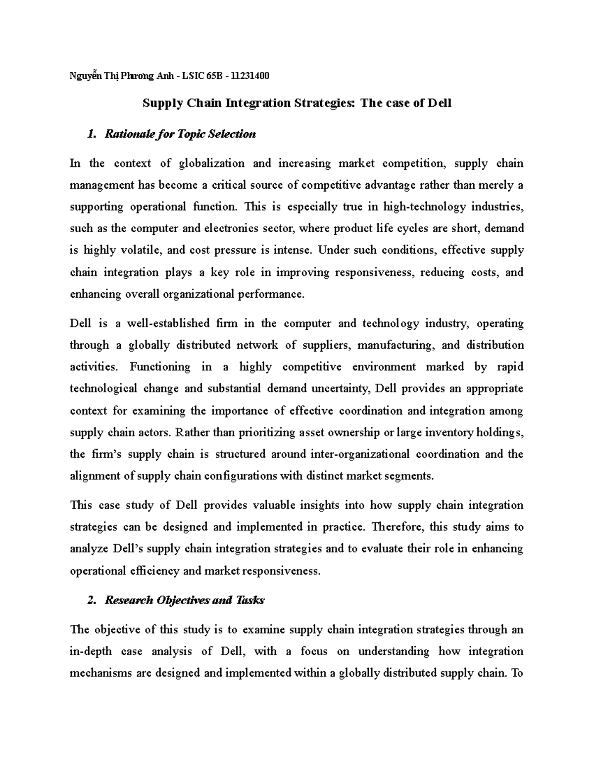 LSIC 65B Case Study: Supply Chain Integration Strategies at Dell - Studocu
