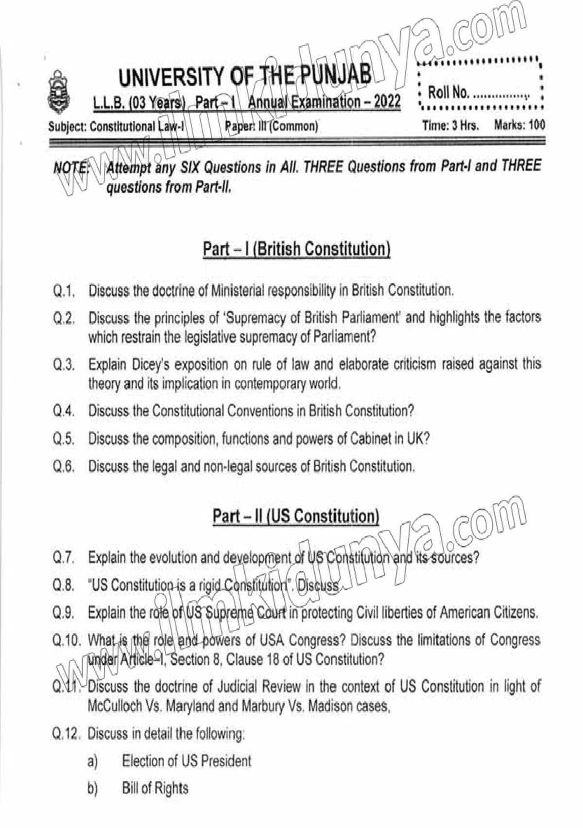 Past Paper LLB Part 1 For 5 year Program Punjab University ...