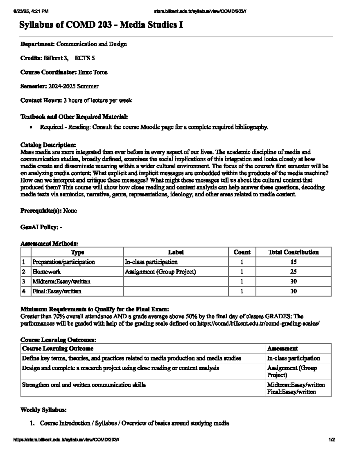 COMD 203 Media Studies I Syllabus - Summer Semester - Studocu