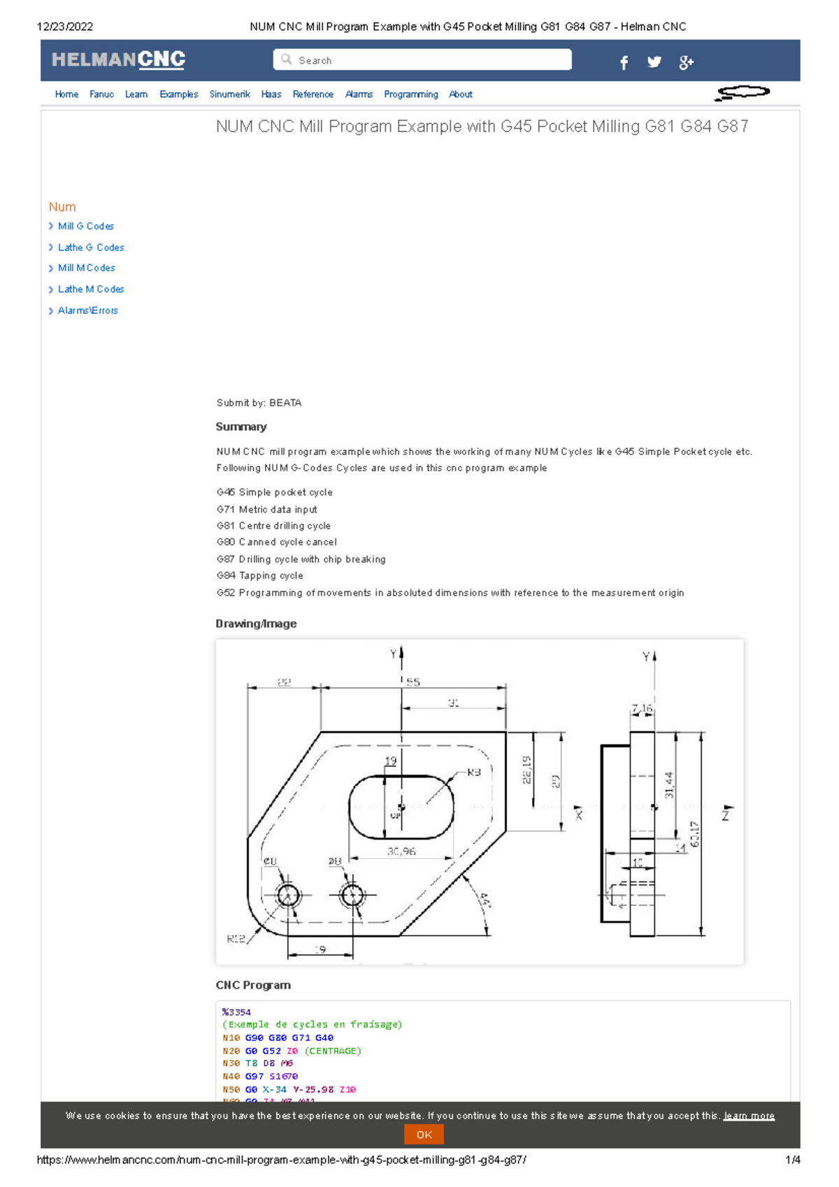 NUM CNC Mill Program Example: G45 Pocket Milling & G-Codes - Studocu