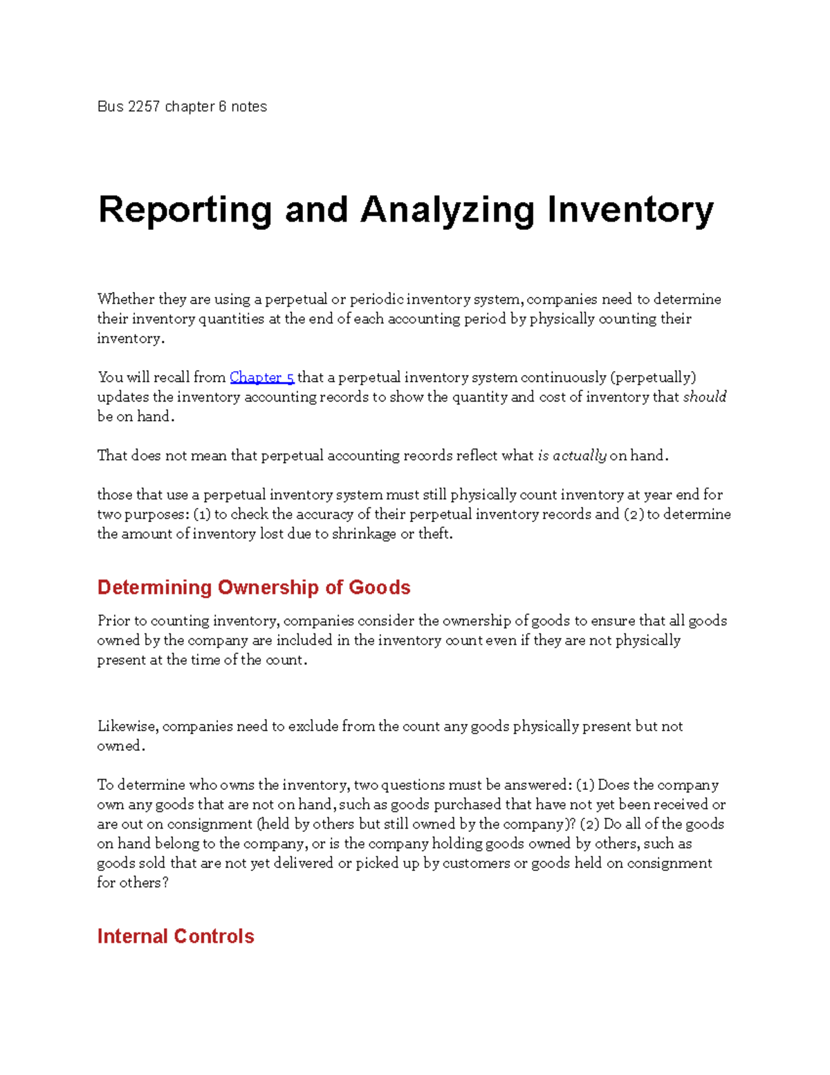 Bus 2257 Chapter 6 Inventory Analysis & Controls Notes - Studocu