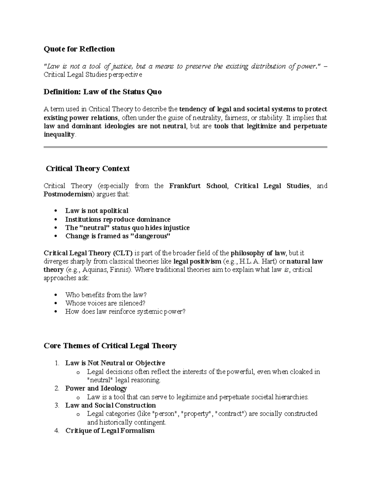 Law of the Status Quo: Insights from Critical Legal Theory - Studocu