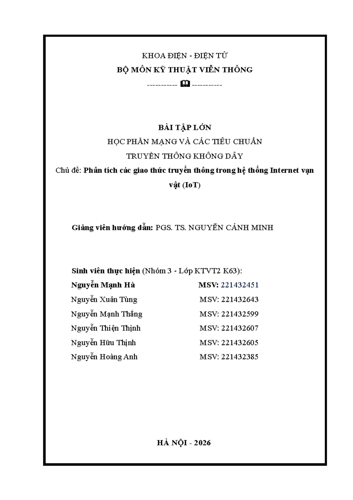 Phân Tích Giao Thức Truyền Thông IoT - KTVT2 K63 - Document Preview