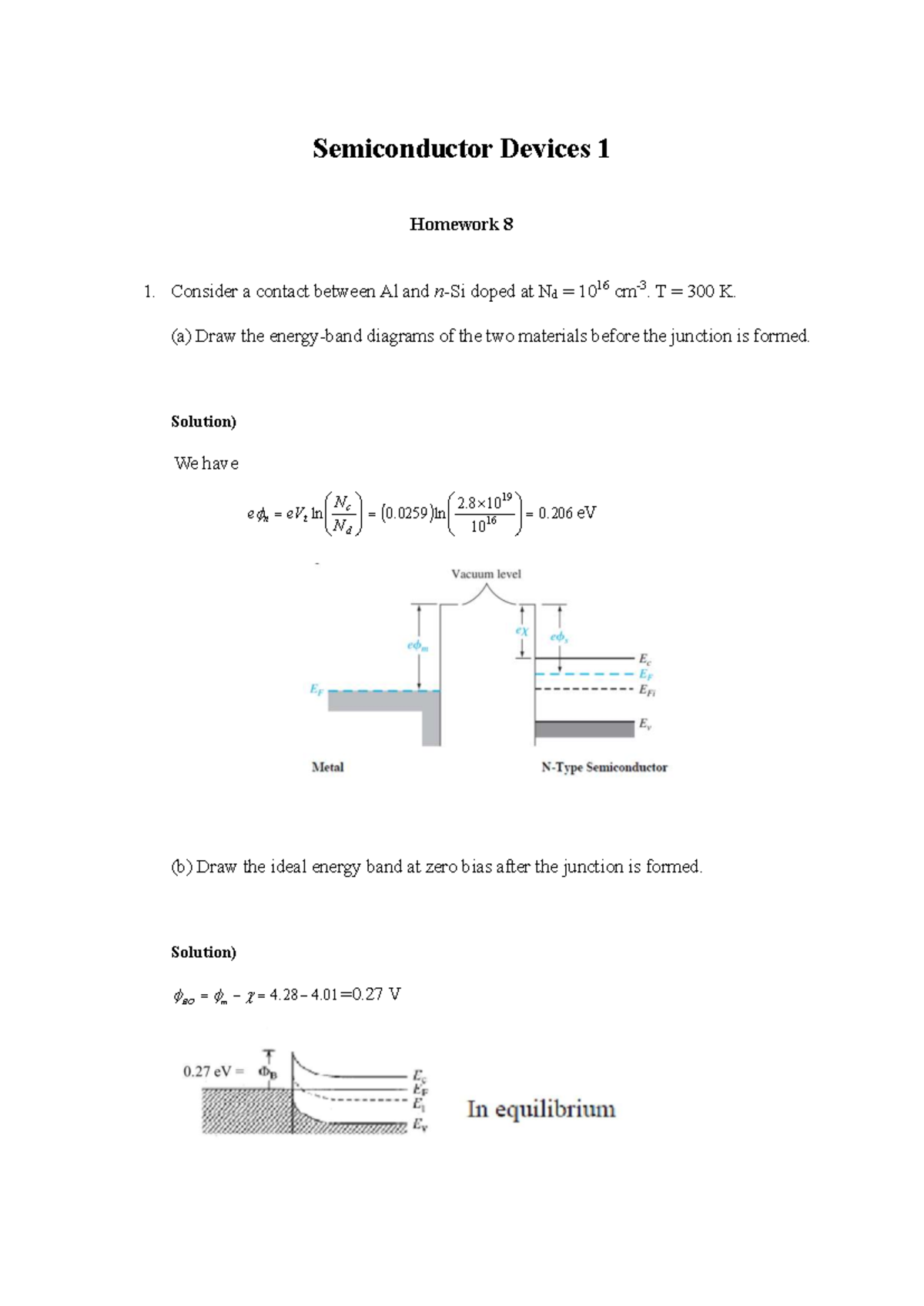 Semiconductor Devices 1 Homework 8 Solutions on Metal-Semiconductor ...