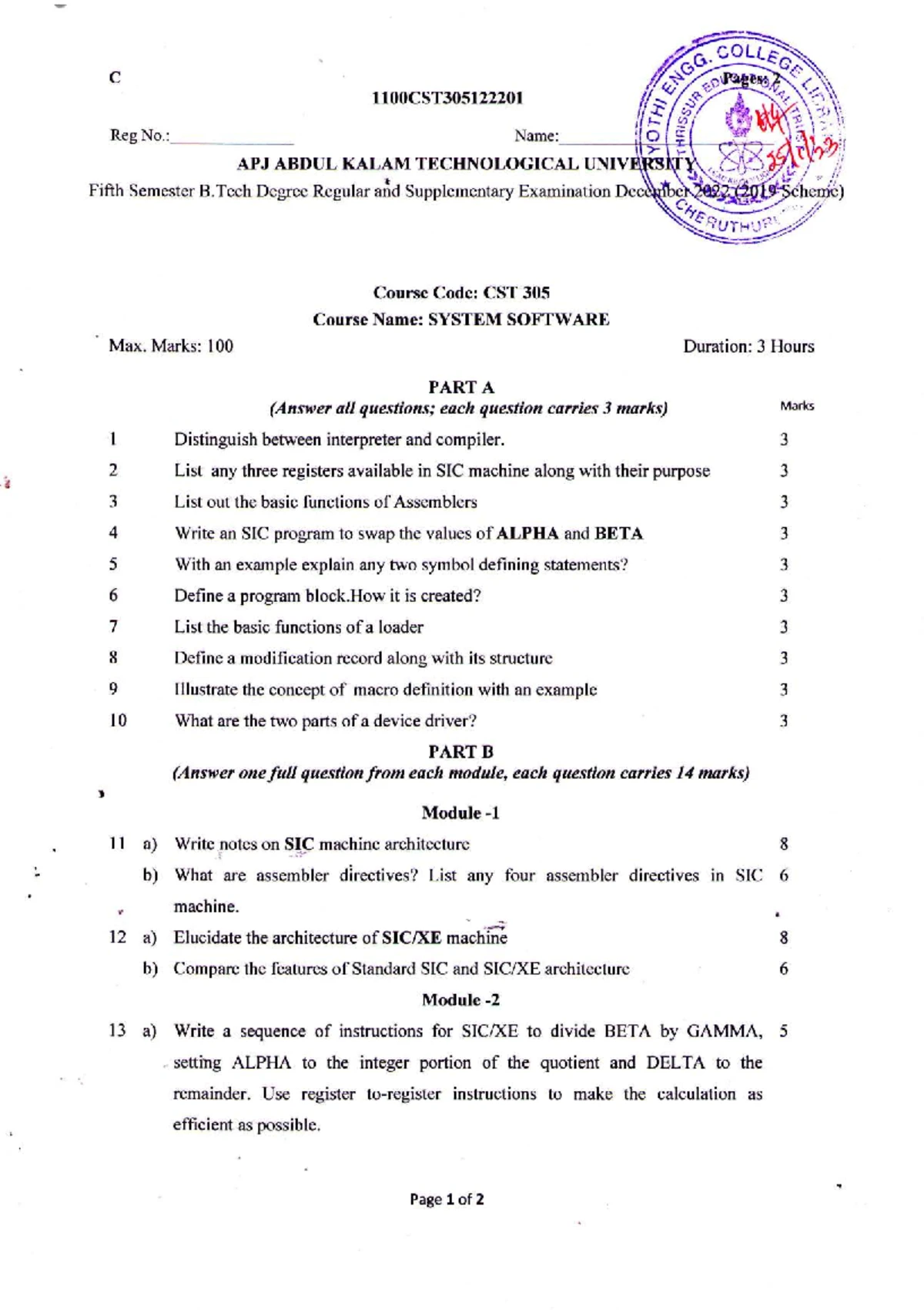 2019 CST305-A Dec. Final Exam QP: System Software Analysis - Studocu