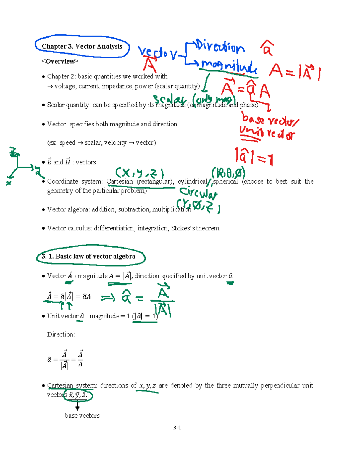 EM1 Term1 1447 Class Notes: Chapter 3 - Vector Analysis - Studocu
