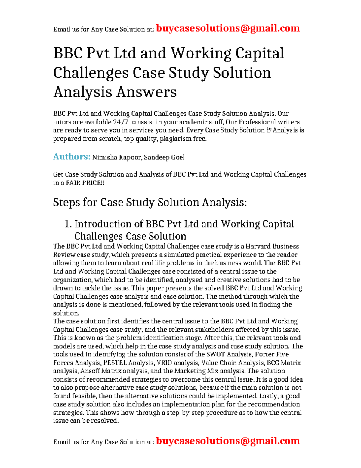 Case Study Solution and Analysis of BBC Pvt Ltd: Working Capital ...
