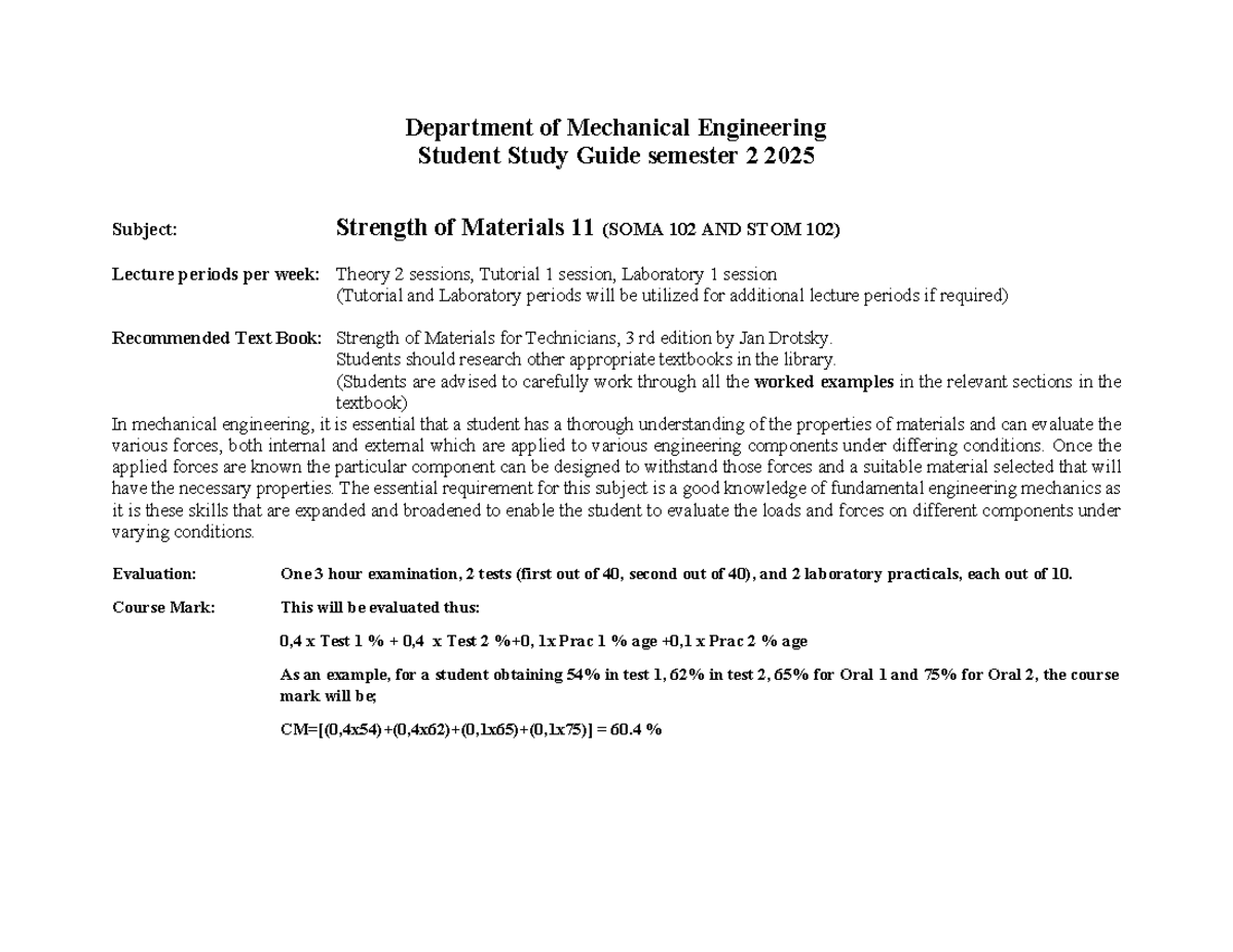Strength of Materials Study Guide 2025 (SOMA 102 & STOM 102) - Studocu