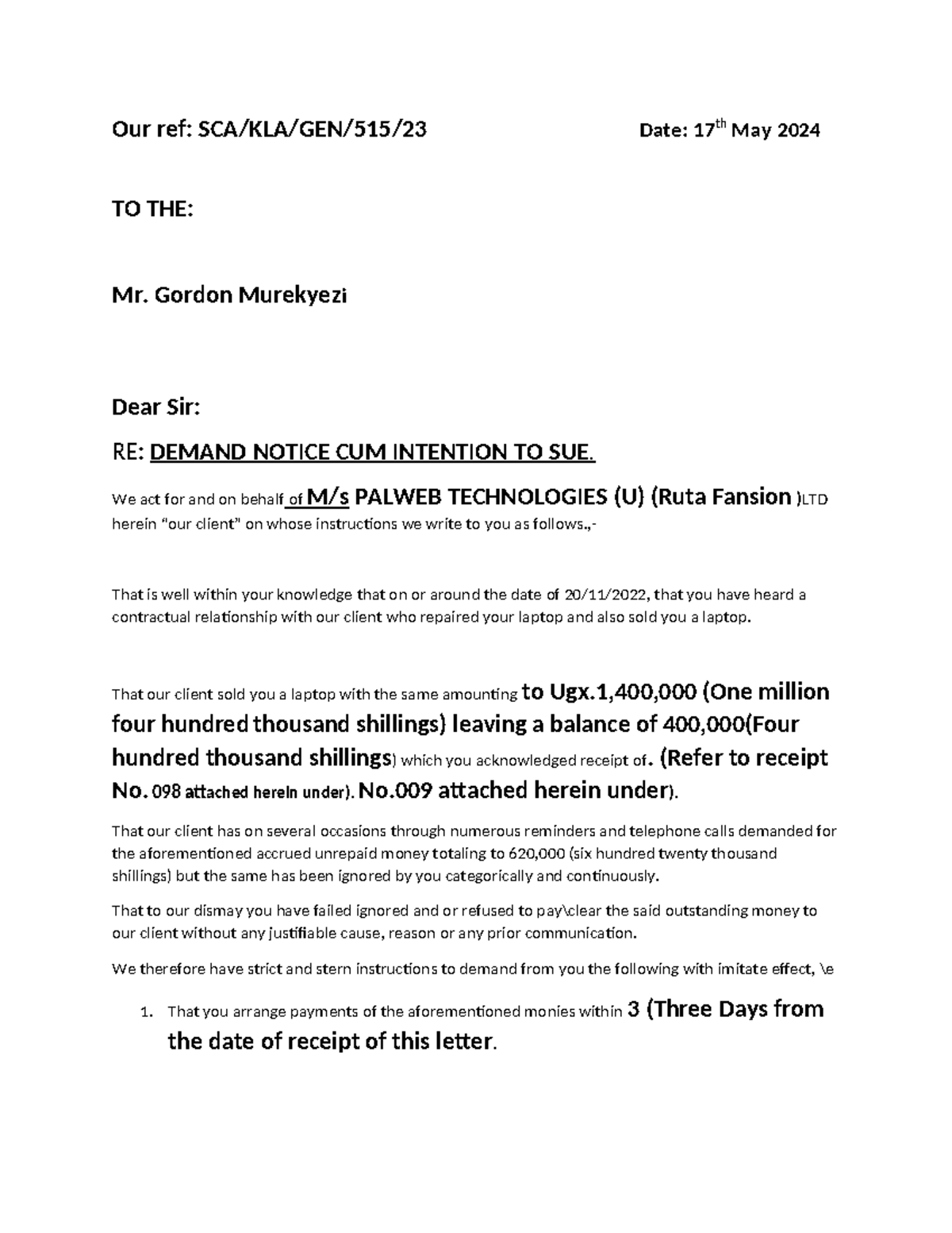 RE: Demand Notice Regarding Outstanding Payment - SCA/KLA/GEN/515/23 ...