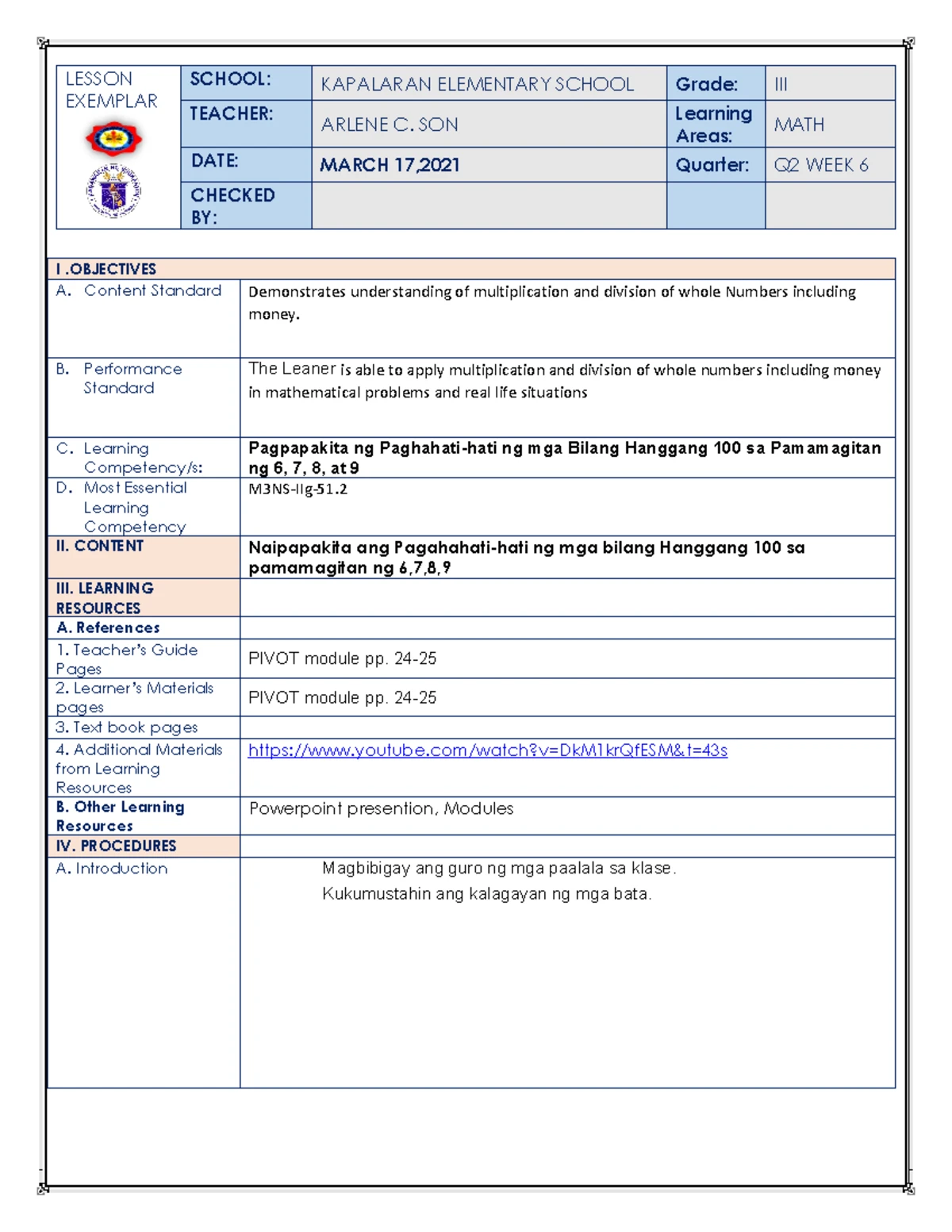 G10 Math Activity Sheets: Quarter 3 Week 6 Assessment - Studocu