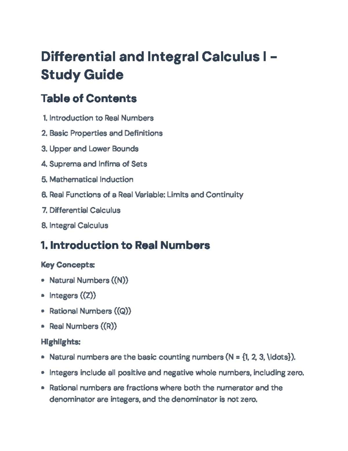 Differential and Integral Calculus I - Study Guide and Key Concepts ...