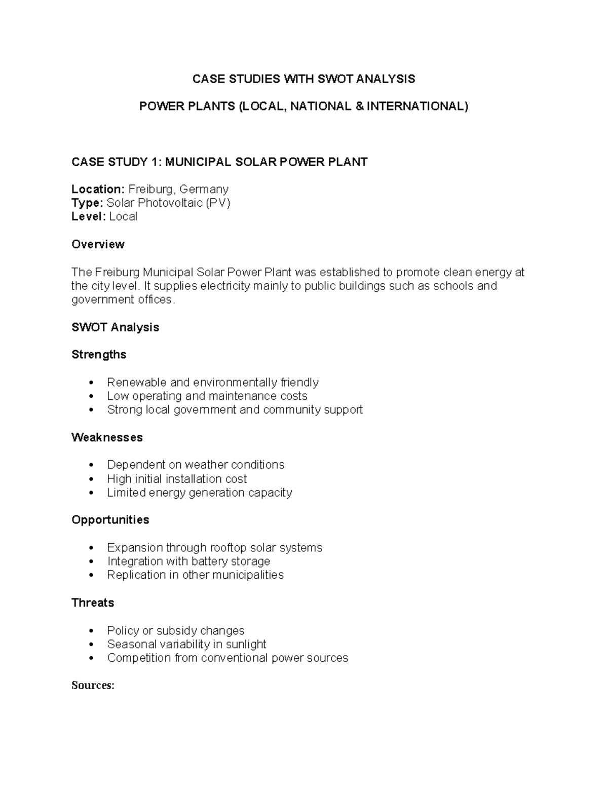 CASE STUDIES WITH SWOT ANALYSIS OF POWER PLANTS (LOCAL, NATIONAL ...