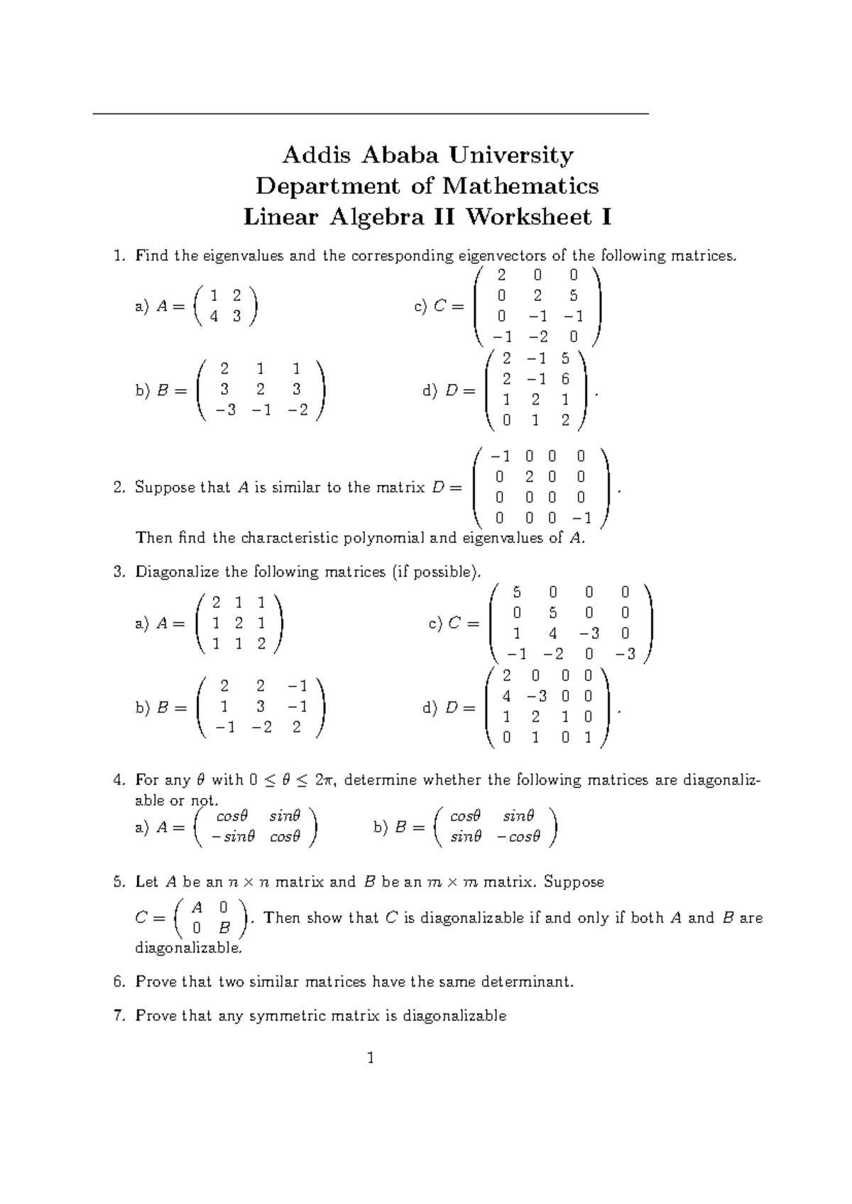 Linear Algebra II Worksheet I - Addis Ababa University Department of ...
