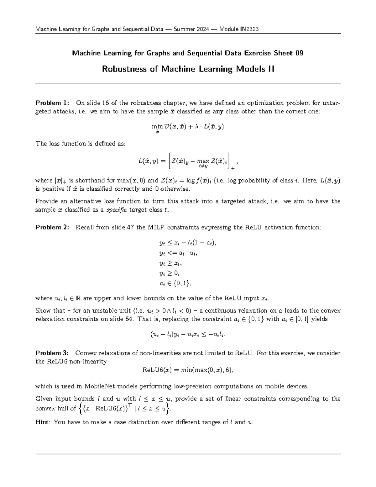 Machine Learning for Graphs - Exercise Sheet 09 (Summer 2024) - Studocu