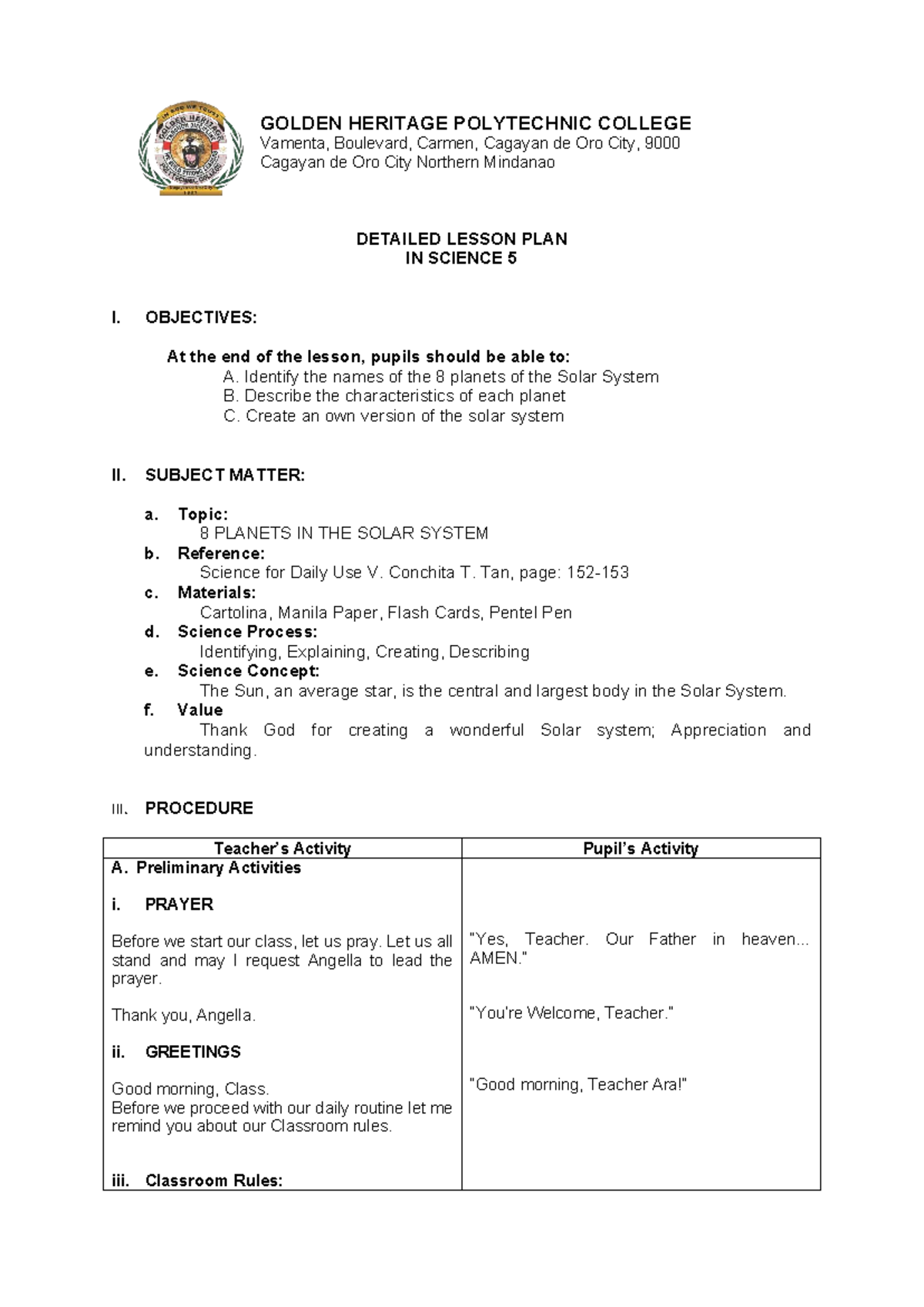 Detailed Lesson Plan in Science 5: The 8 Planets of the Solar System ...
