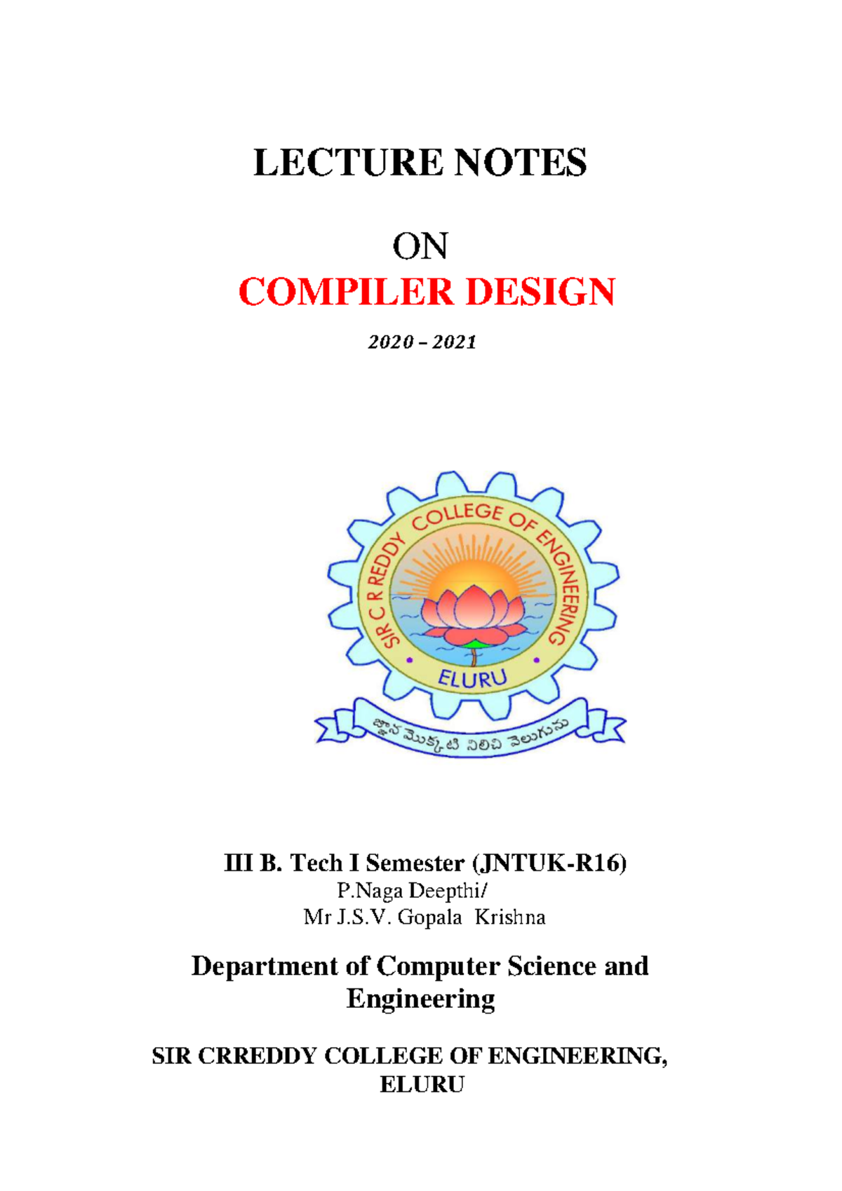 CD 1-5 units - cd unit - LECTURE NOTES ON COMPILER DESIGN 2020 – 2021 ...
