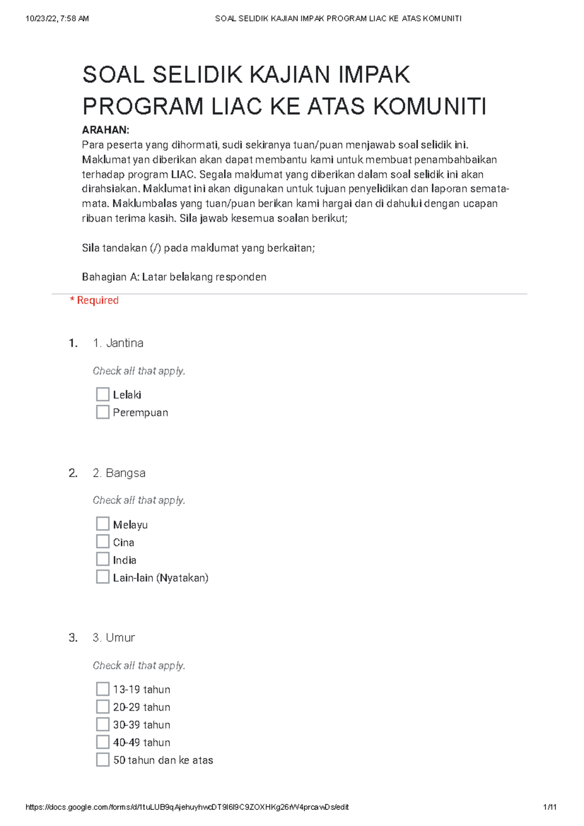 SOAL SELIDIK: IMPAK PROGRAM LIAC KE ATAS KOMUNITI - Google Forms - Studocu