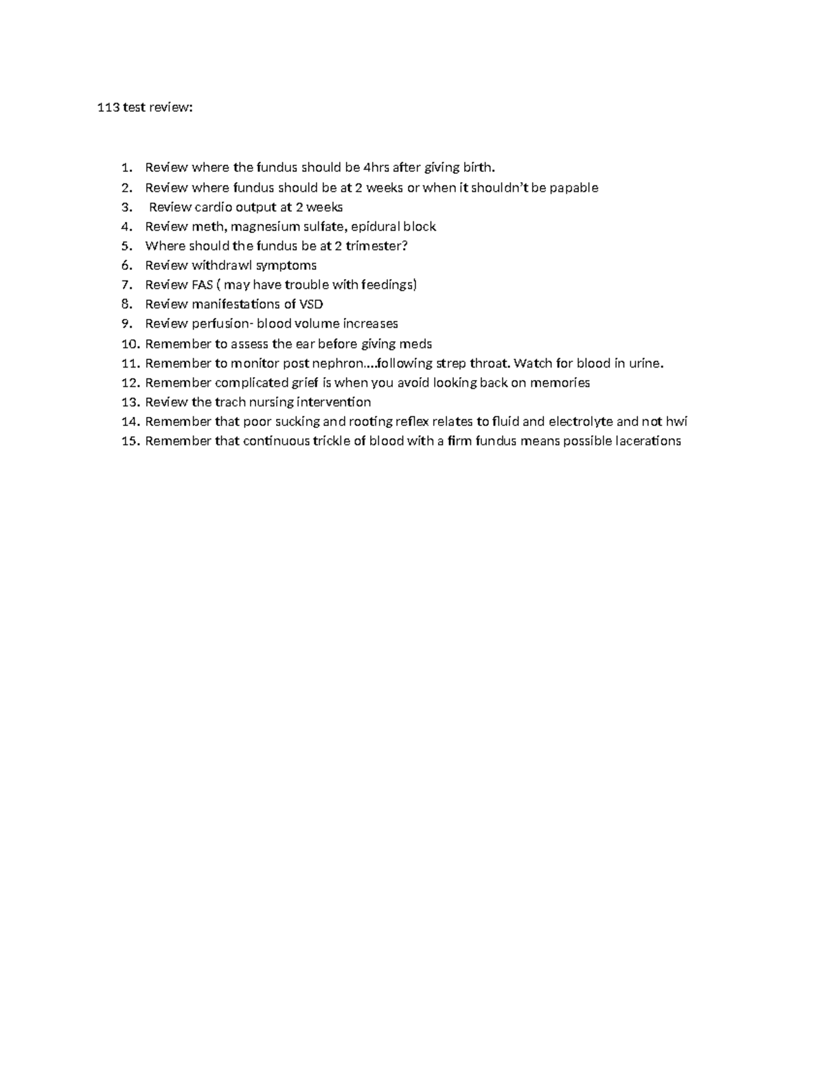 113 Test Review: Key Concepts and Nursing Interventions for Maternal ...