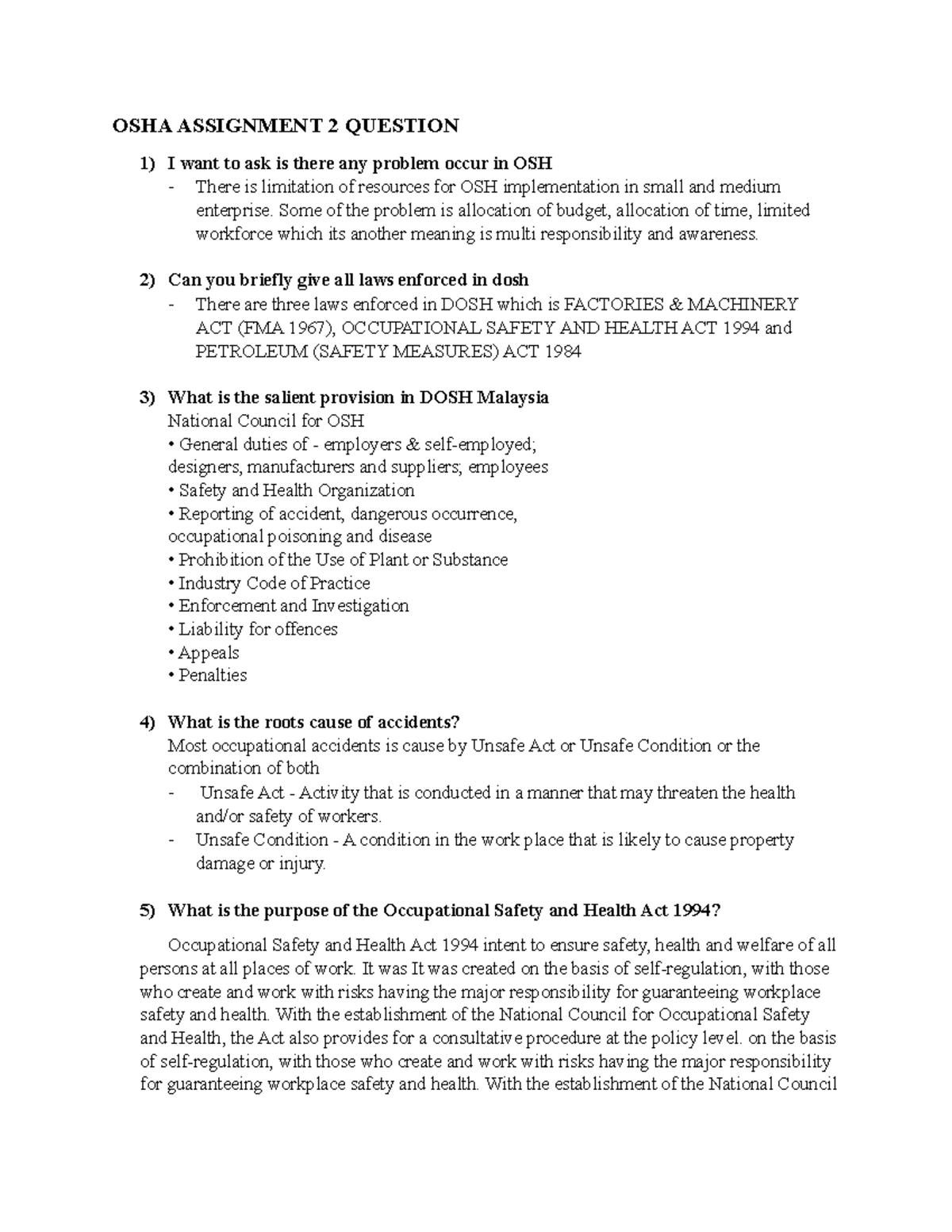 OSHA Assignment 2 Question-1 - OSHA ASSIGNMENT 2 QUESTION 1) I want to ...