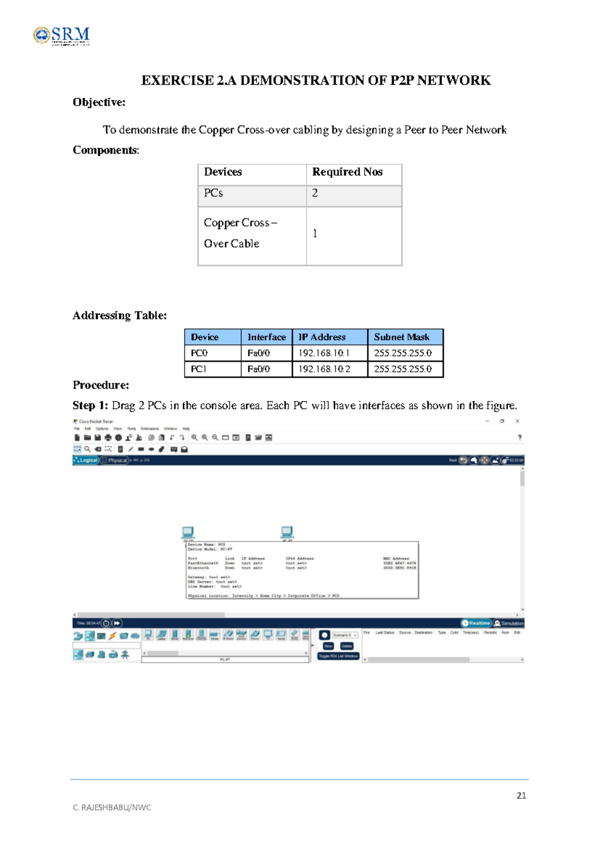 21CSC302J CN LAB Manual: P2P & LAN Configurations and IP Addressing ...