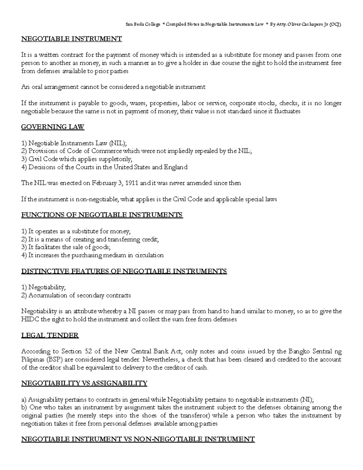 San Beda College NEGOTIABLE INSTRUMENTS LAW Notes by Atty. Oliver ...