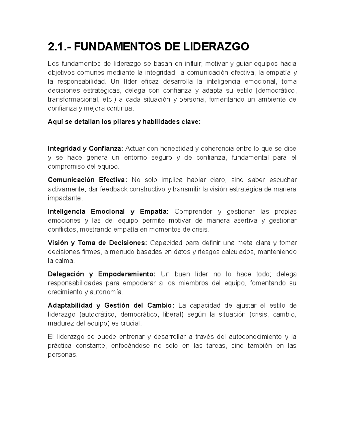 2.1 - Fundamentos de Liderazgo: Claves para un Liderazgo Efectivo - Studocu