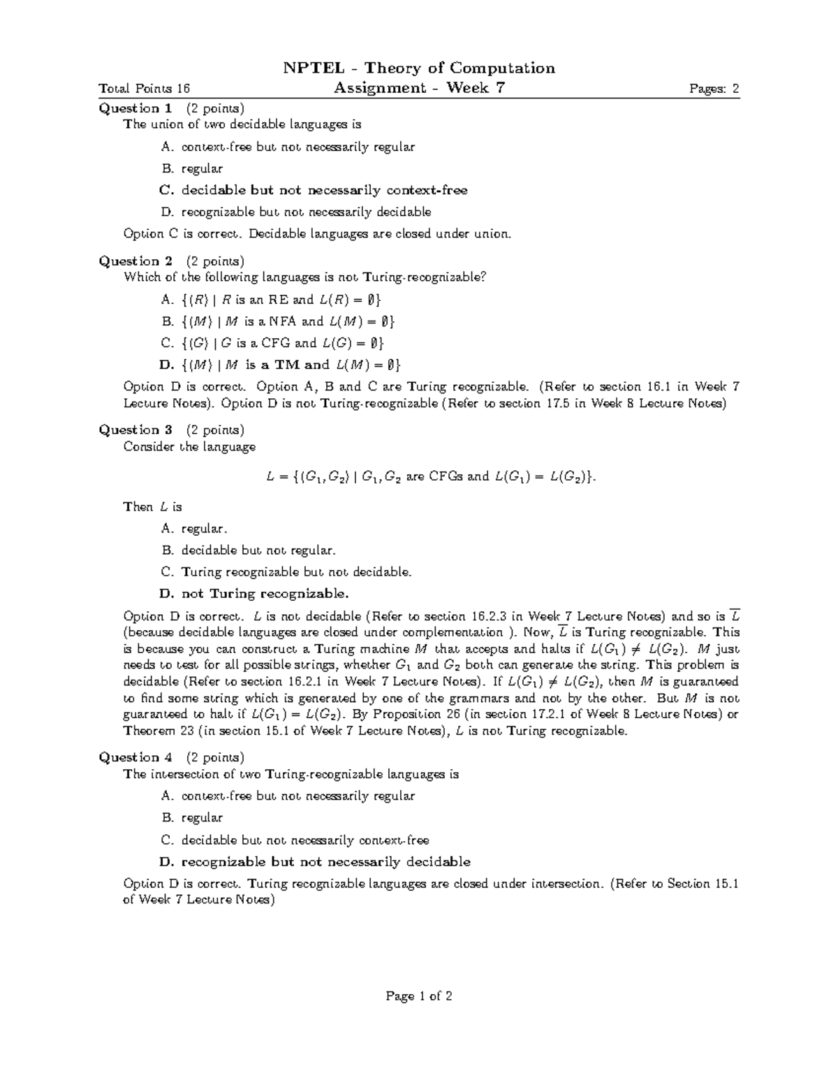 NPTEL TOC Week 7 Assignment Solutions and Explanations - Studocu