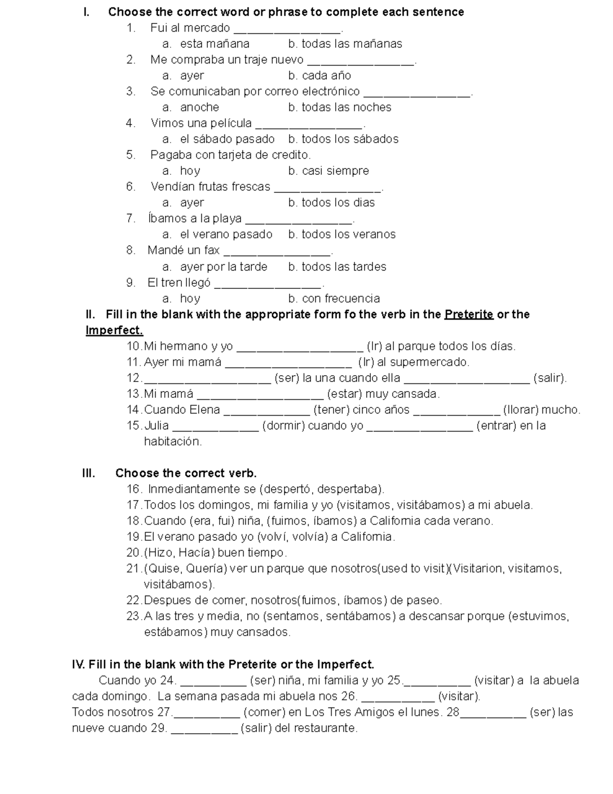 More Practice with Imperfect vs. Preterite I-IV - Studocu