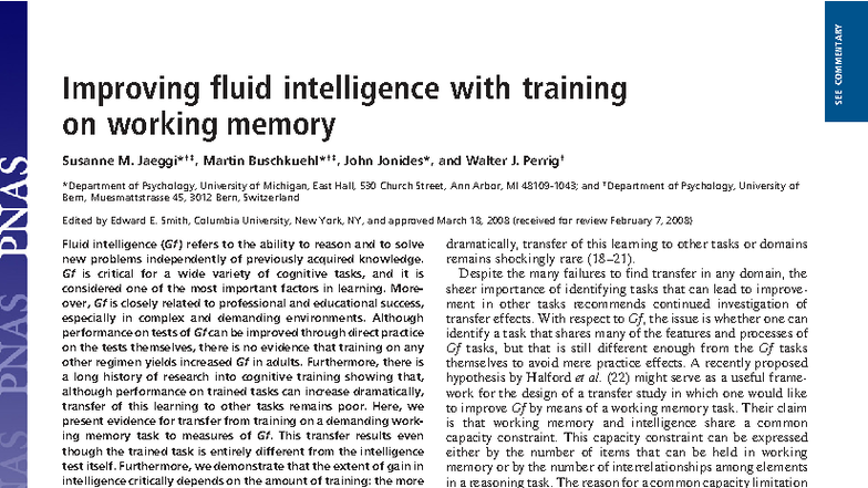 SEE COMMENTARY: Enhancing Fluid Intelligence via Working Memory ...