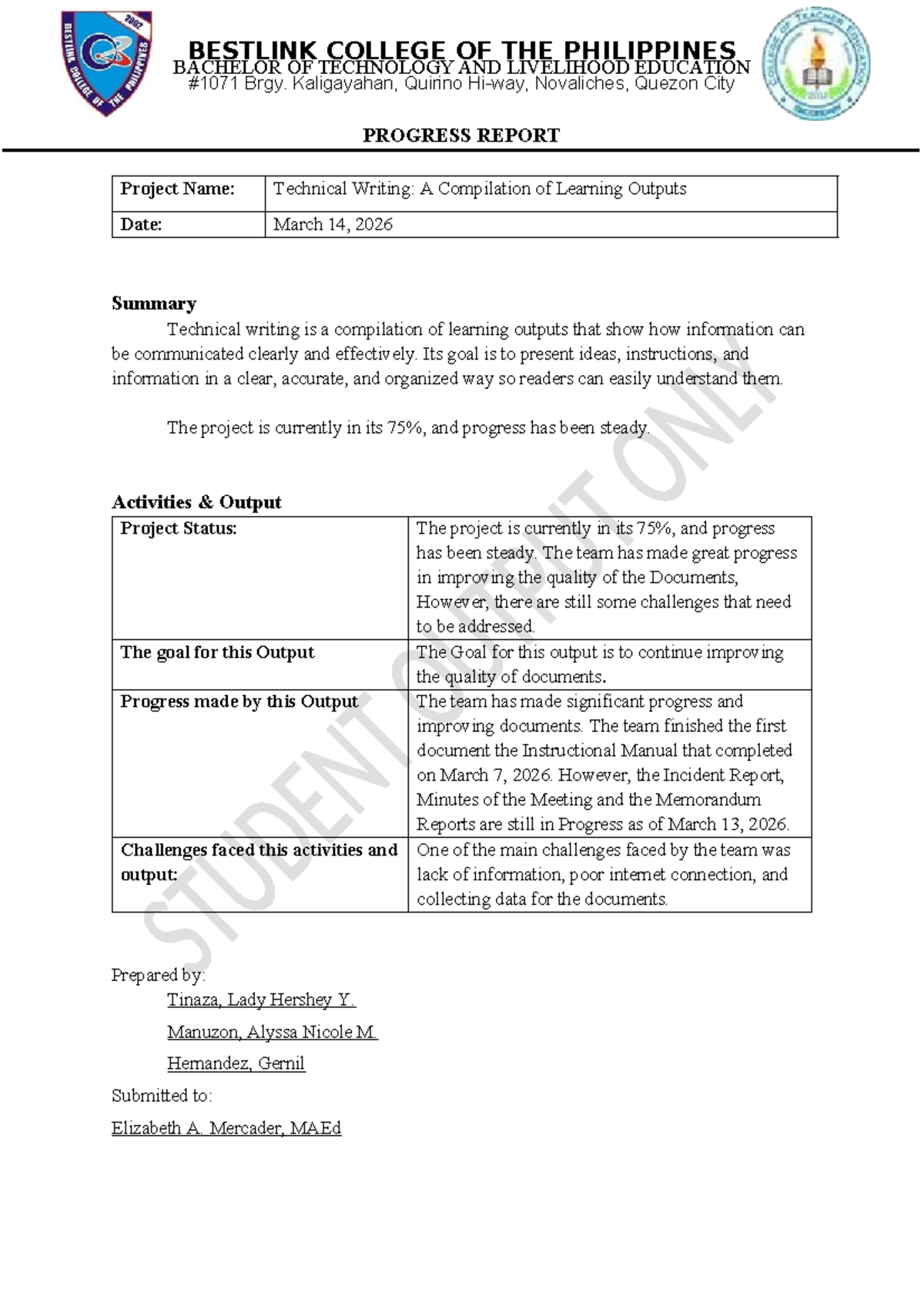 Progress Report on Technical Writing Project - BTLE 2026 - Studocu